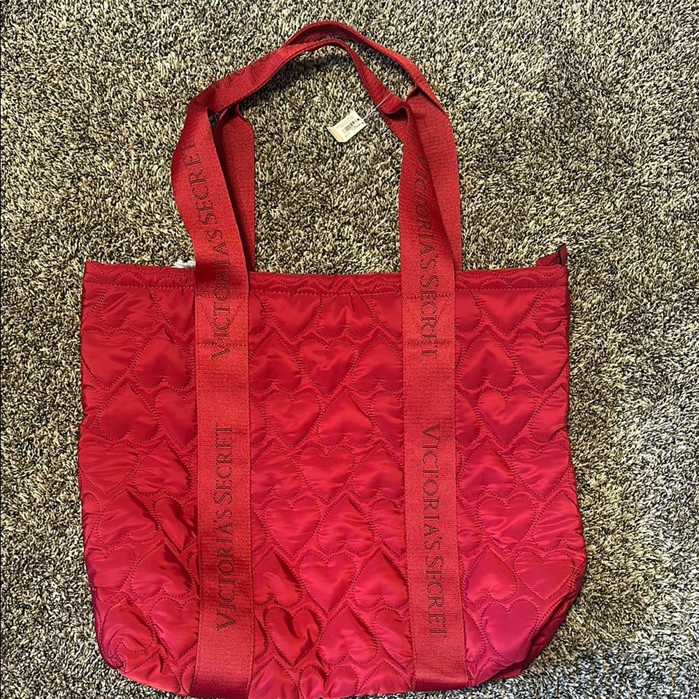 NWT Victoria's Secret Red Quilted Tote with Geometric Pattern